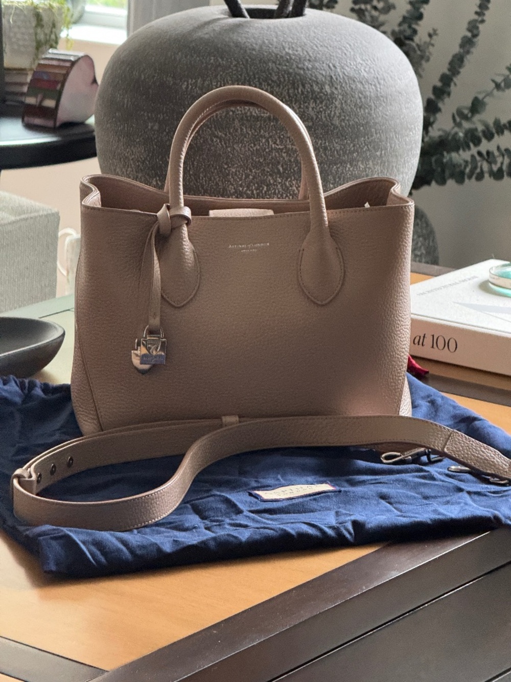 Aspinal of London Midi London Tote in Pebbled Taupe leather